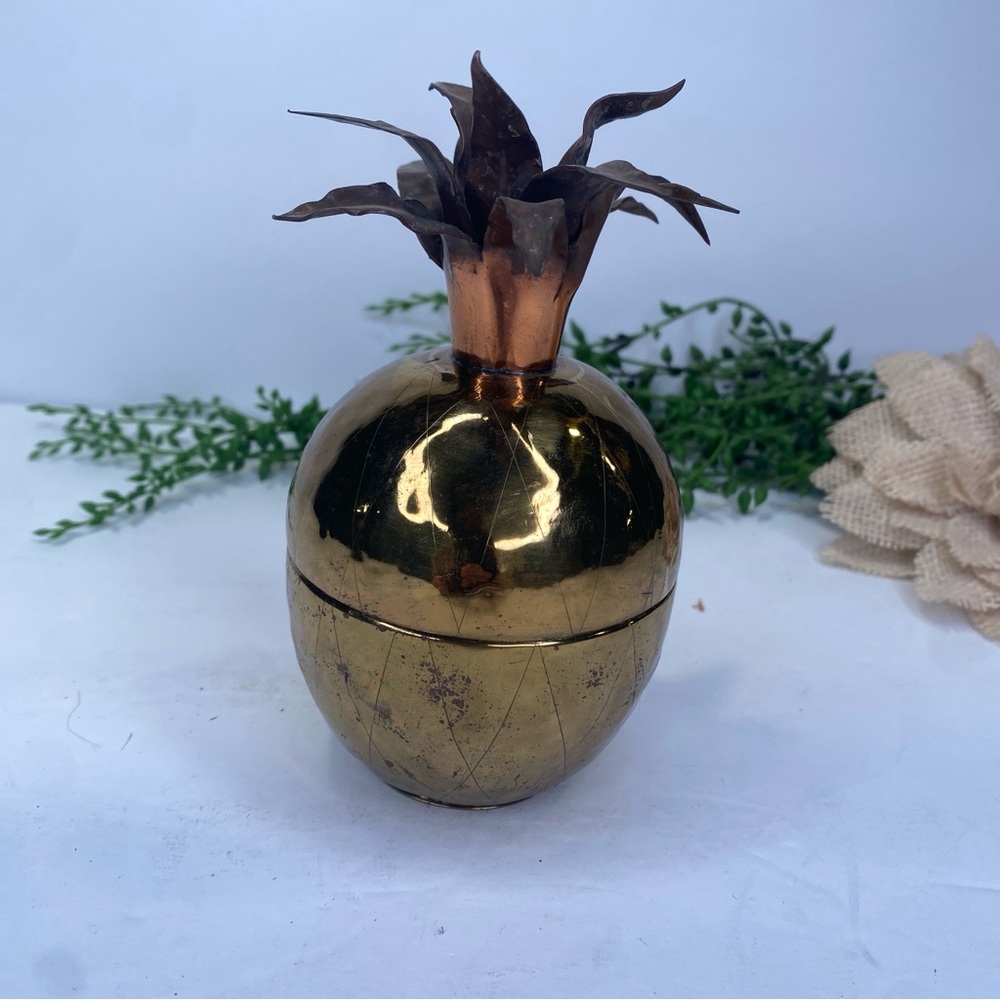 Vintage Eve Lucas Mexico Mixed Metal Brass Copper Pineapple Container With Lid